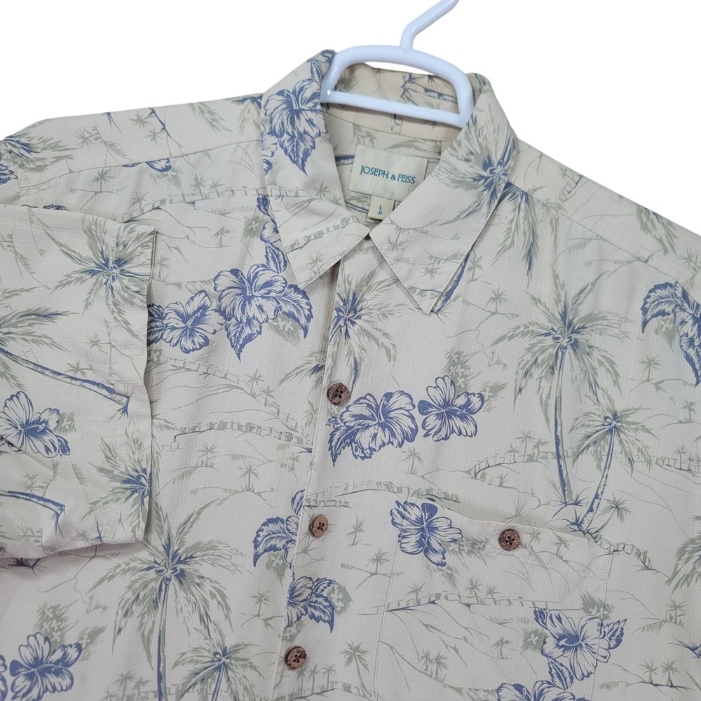 Joseph & Feiss Mens Large Silk Hawaiian Shirt Palm Tree Hibiscus Tropical Beige